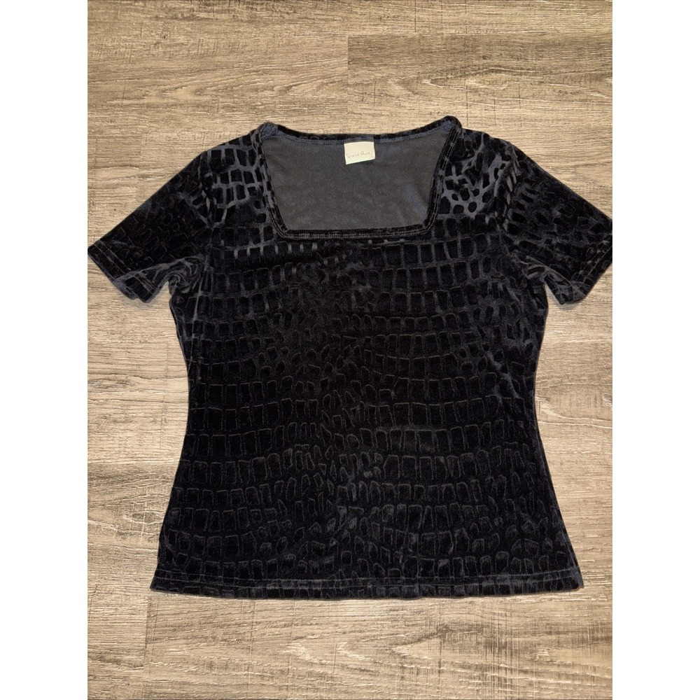 French Laundry Black Velvet Short Sleeve M Top Textured Pattern elegant